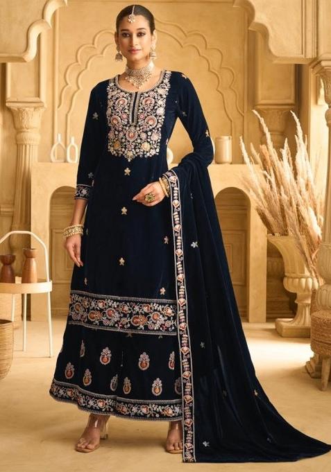 Dark Blue Embroidered Velvet Plazzo Set