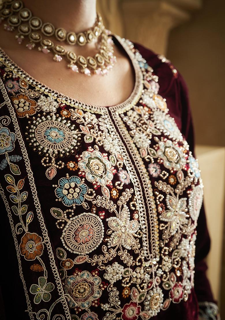 Purple Embroidered Velvet Plazzo Set