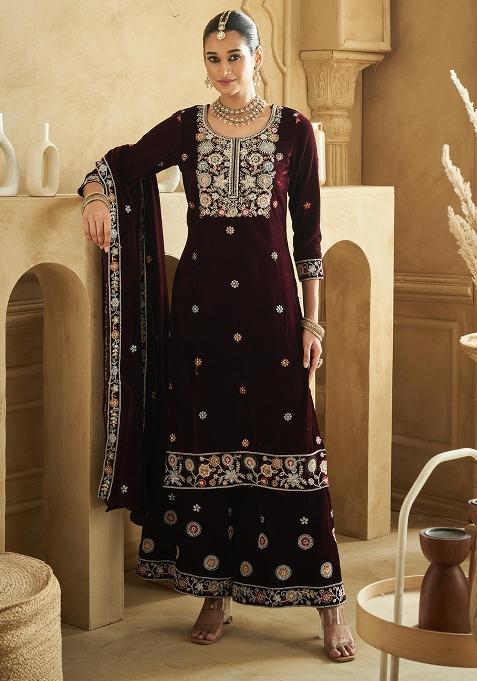 Purple Embroidered Velvet Plazzo Set