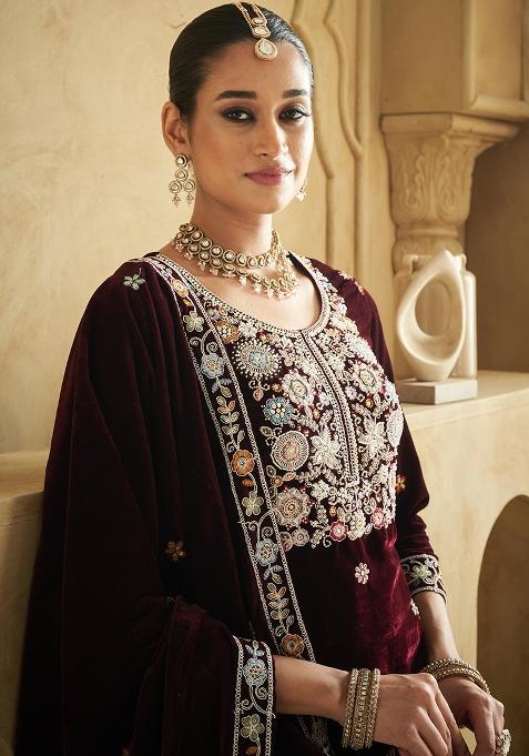 Purple Embroidered Velvet Plazzo Set