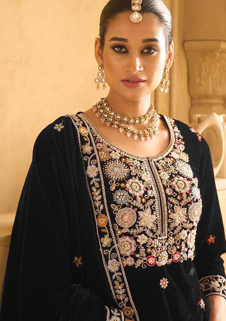 Black Embroidered Velvet Plazzo Set - Indya
