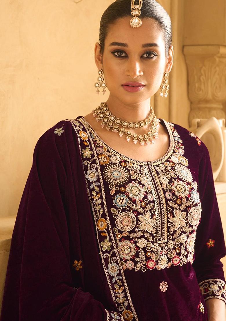 Maroon Embroidered Velvet Plazzo Set - Indya