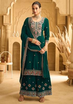 Green Embroidered Velvet Plazzo Set