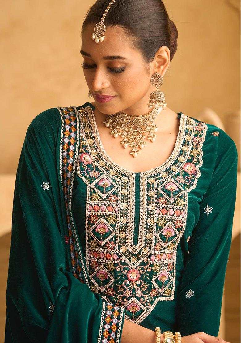 Green Embroidered Velvet Plazzo Set - Indya