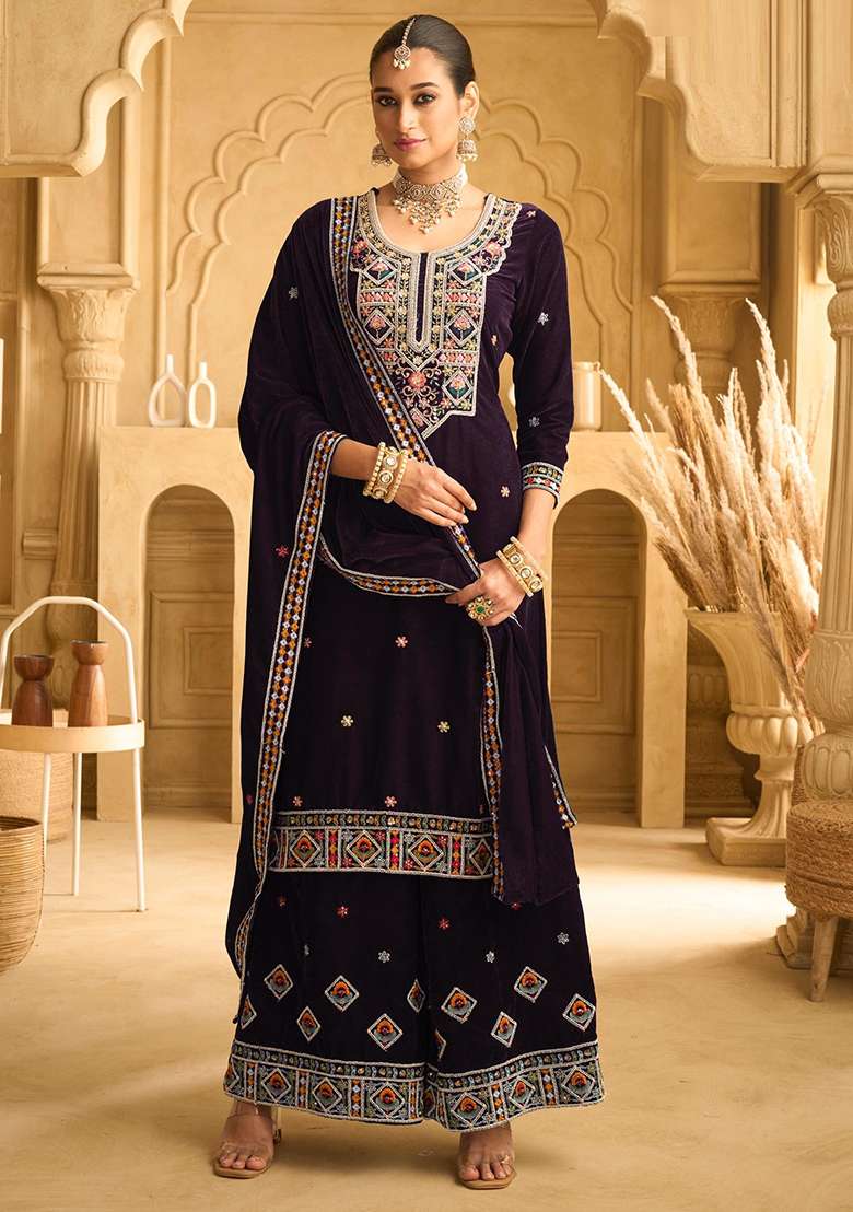 Dark Wine Embroidered Velvet Sharara Set - Indya