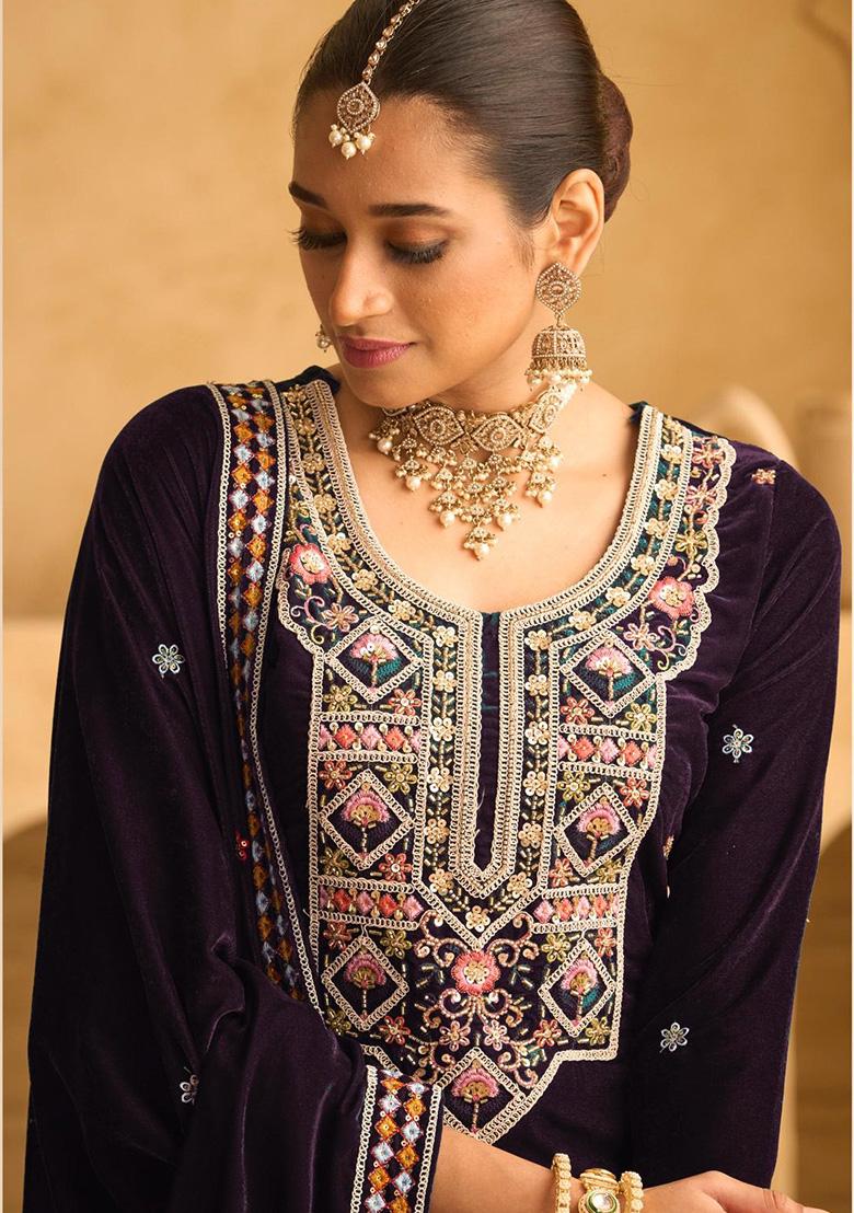 Dark Wine Embroidered Velvet Plazzo Set - Indya