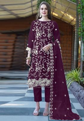 Maroon Embroidered Organza Suit