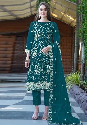 Teal Embroidered Organza Suit