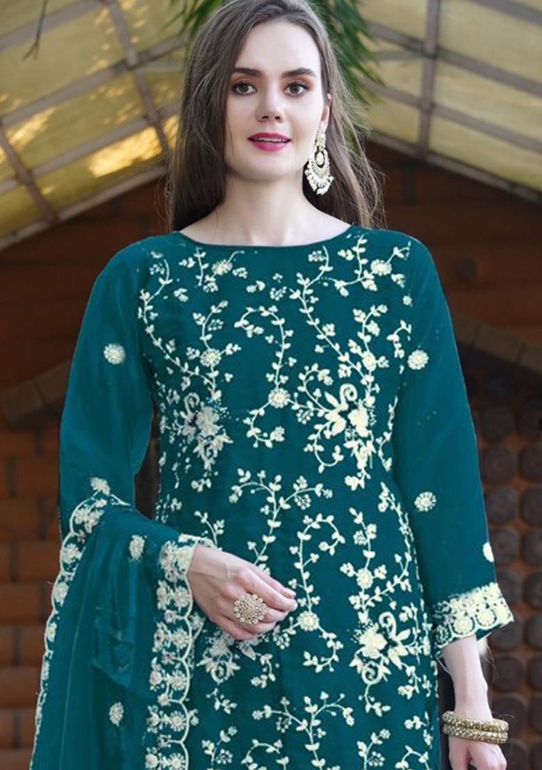 Teal Embroidered Organza Suit - Indya