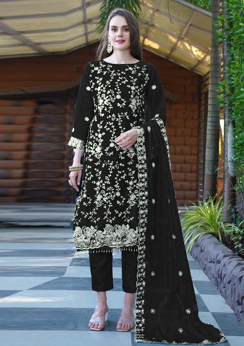 Black Embroidered Organza Suit