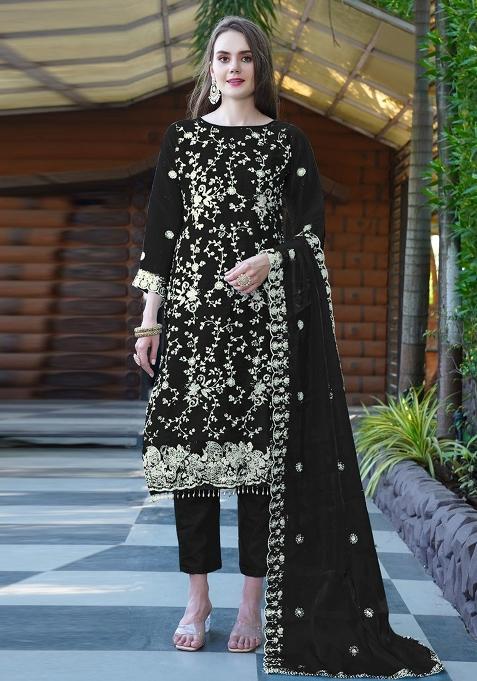 Black Embroidered Organza Suit