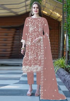 Peach Embroidered Organza Suit