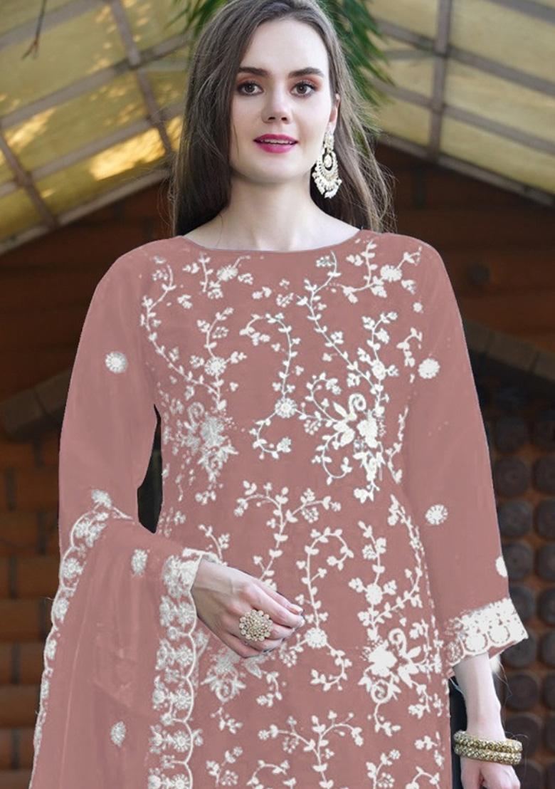 Peach Embroidered Organza Suit - Indya