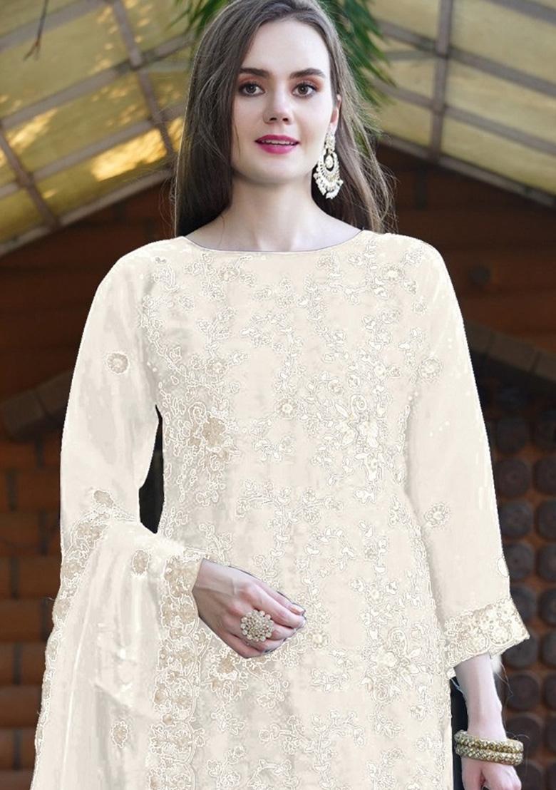 White Embroidered Organza Suit - Indya