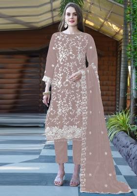 Cream Embroidered Organza Suit