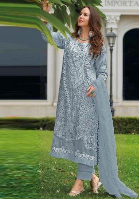 Grey Embroidered Organza Suit