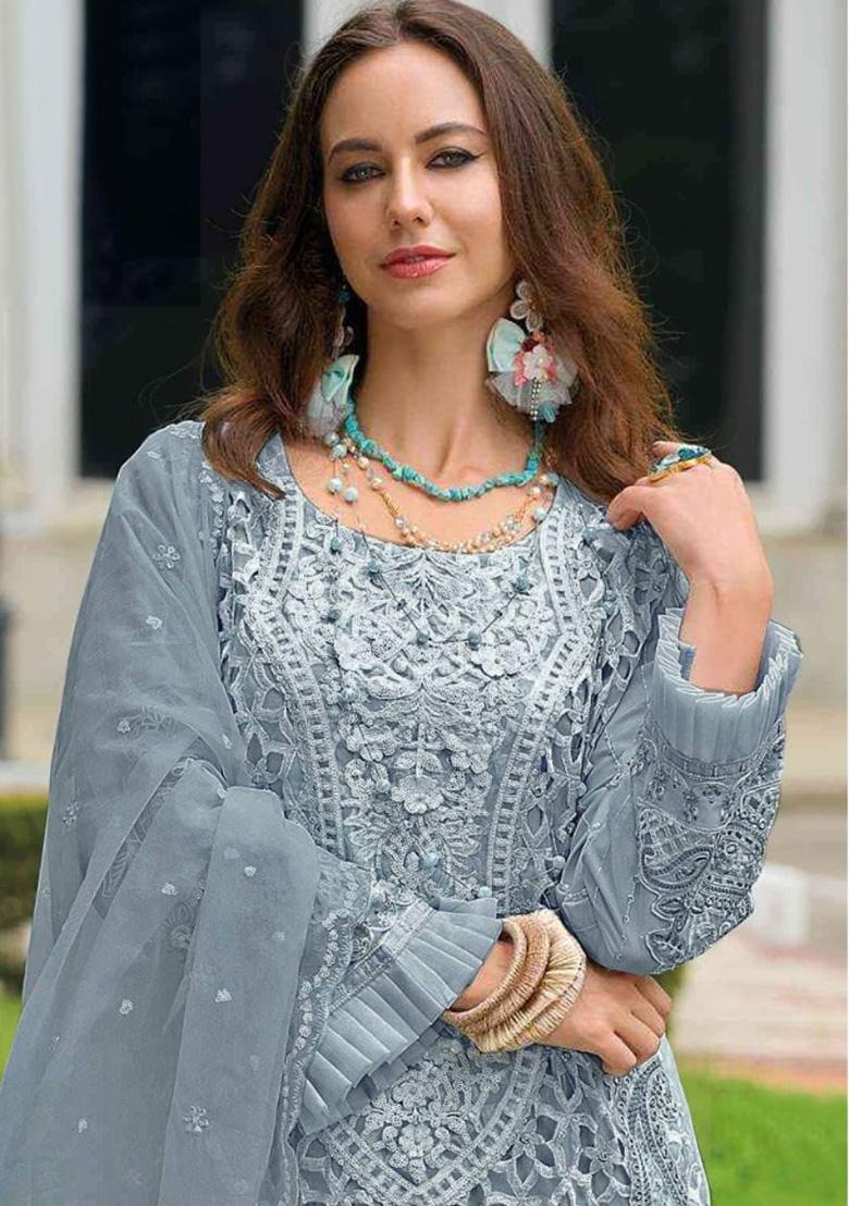Grey Embroidered Organza Suit - Indya