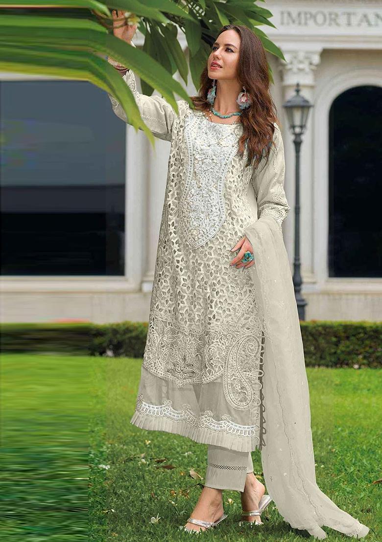 White Embroidered Organza Suit