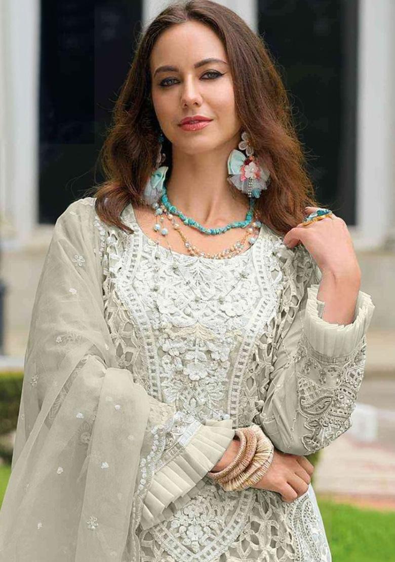 White Embroidered Organza Suit