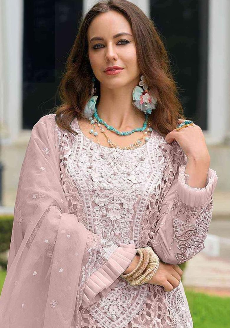 Baby Pink Embroidered Organza Suit - Indya