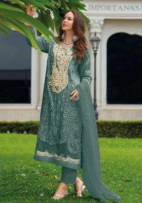 Dark Green Embroidered Organza Suit