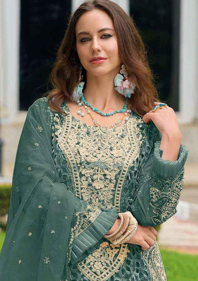 Dark Green Embroidered Organza Suit