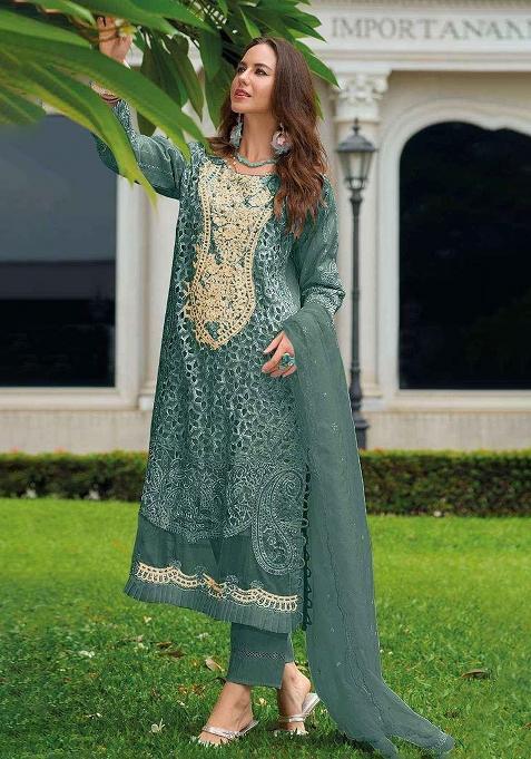 Dark Green Embroidered Organza Suit
