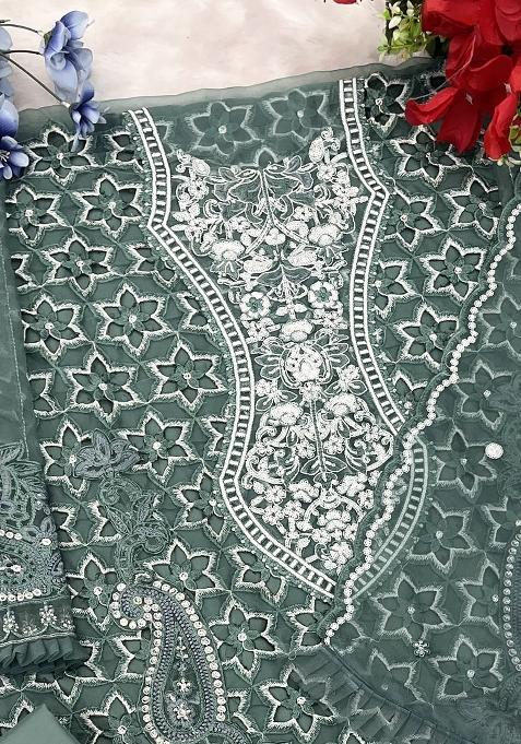 Dark Green Embroidered Organza Suit