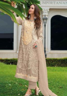 Cream Embroidered Organza Suit