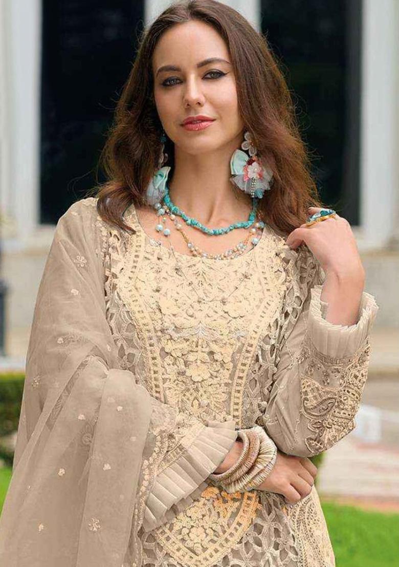 Cream Embroidered Organza Suit - Indya