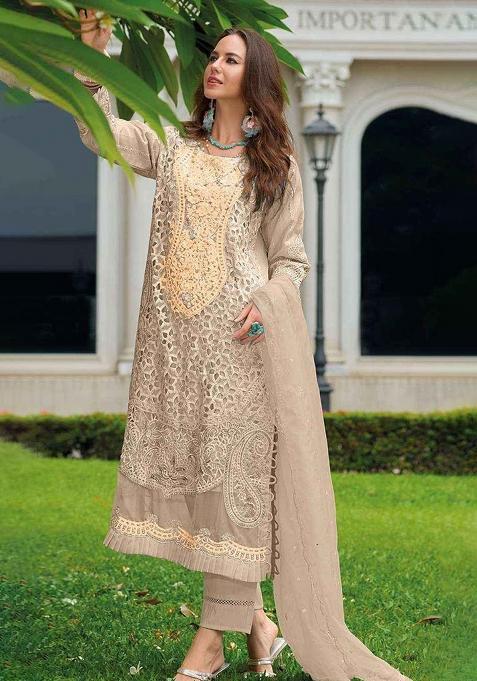 Cream Embroidered Organza Suit
