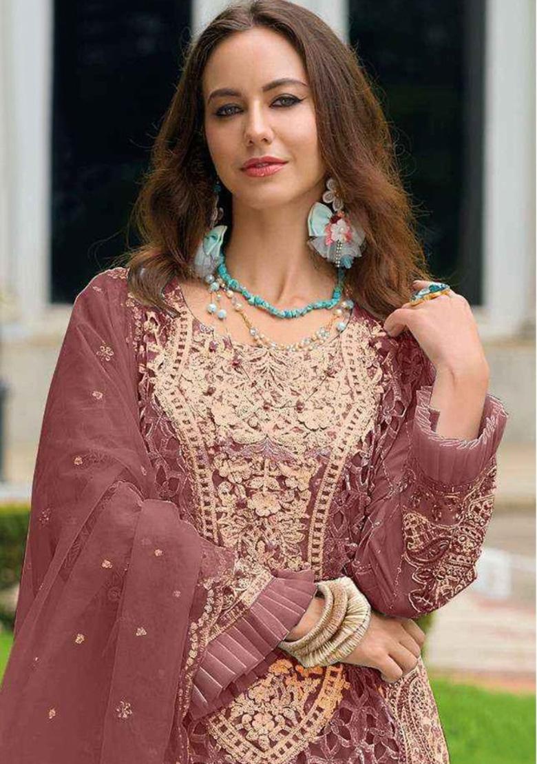 Coral Embroidered Organza Suit - Indya