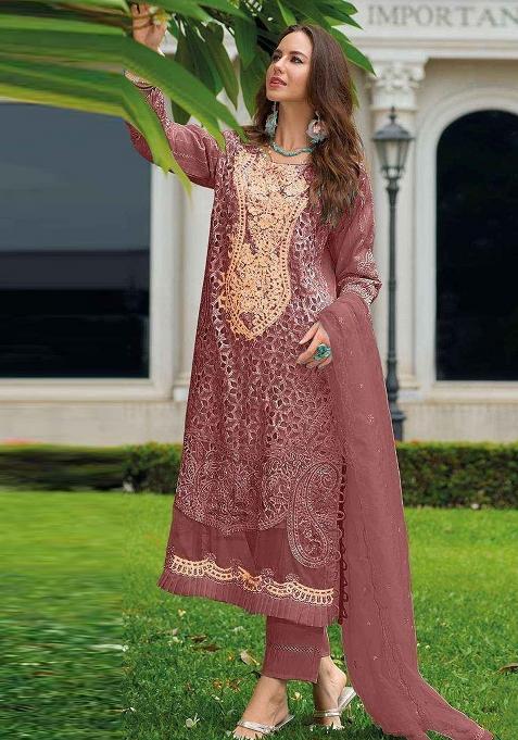 Coral Embroidered Organza Suit