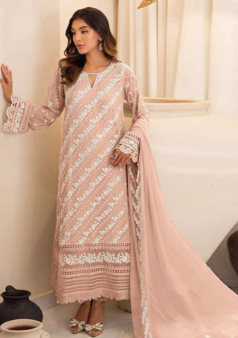 Peach Embroidered Georgette Pakistani Suit Set - Indya