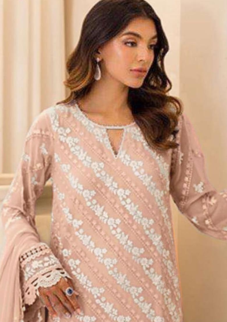 Peach Embroidered Faux Georgette Suit - Indya
