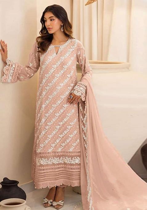 Peach Embroidered Faux Georgette Suit