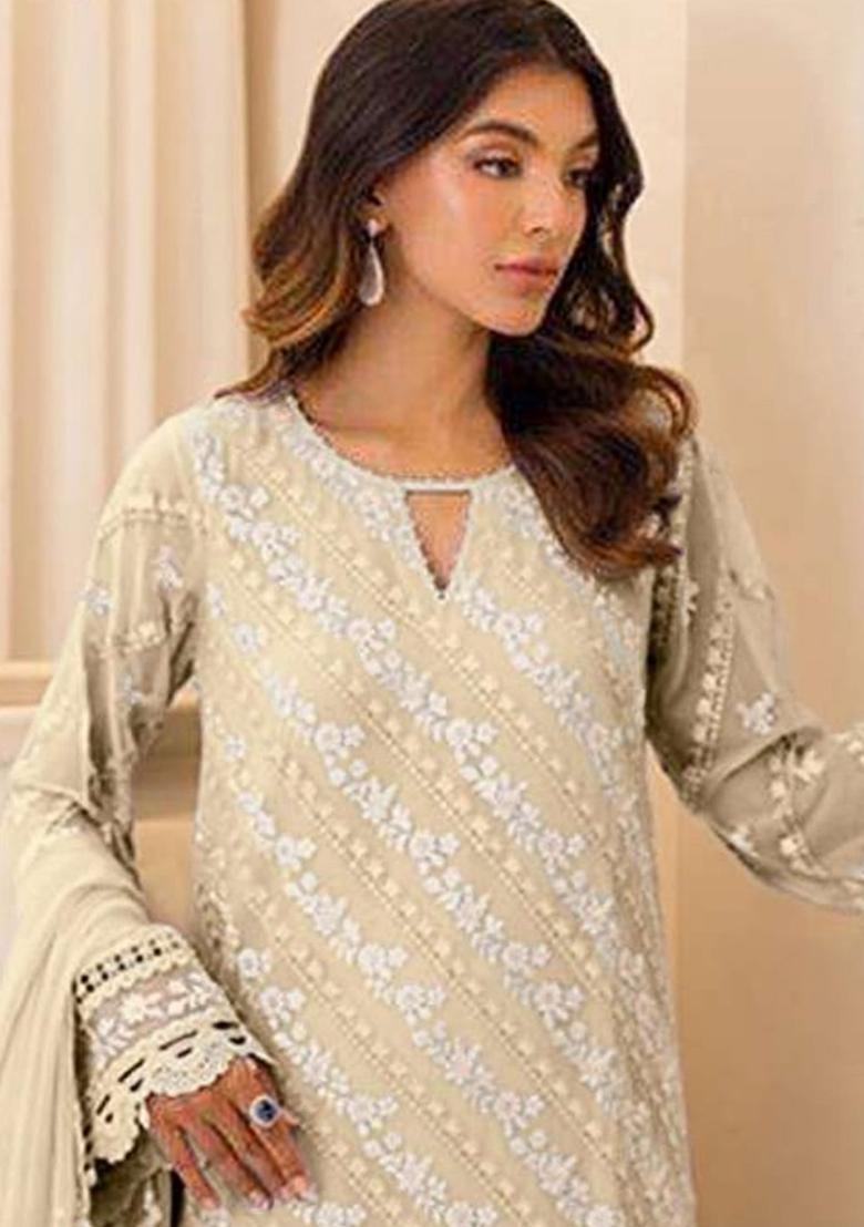 Beige Embroidered Faux Georgette Suit - Indya