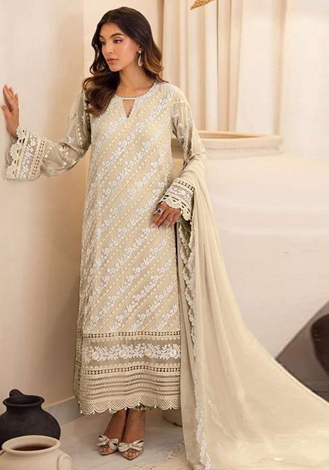 Beige Embroidered Faux Georgette Suit