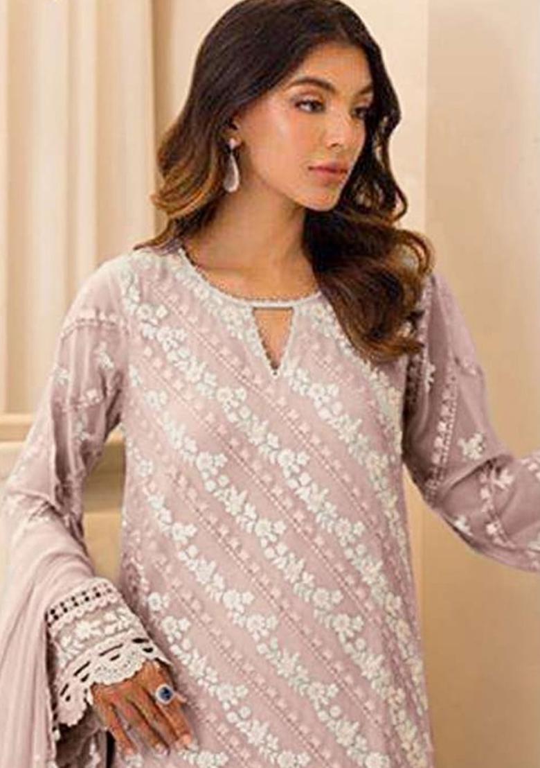 Baby Pink Embroidered Faux Georgette Suit - Indya