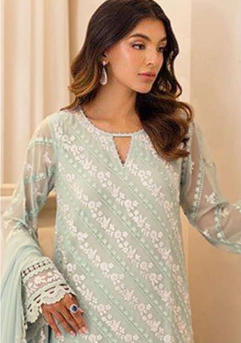 Sea Green Embroidered Faux Georgette Suit - Indya