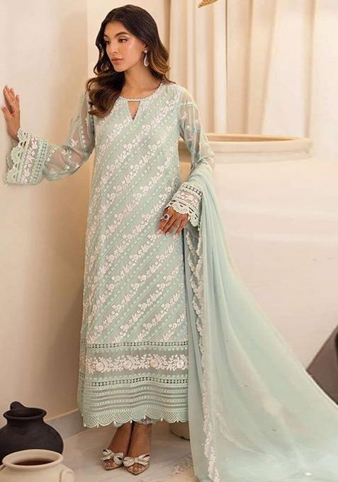 Sea Green Embroidered Faux Georgette Suit