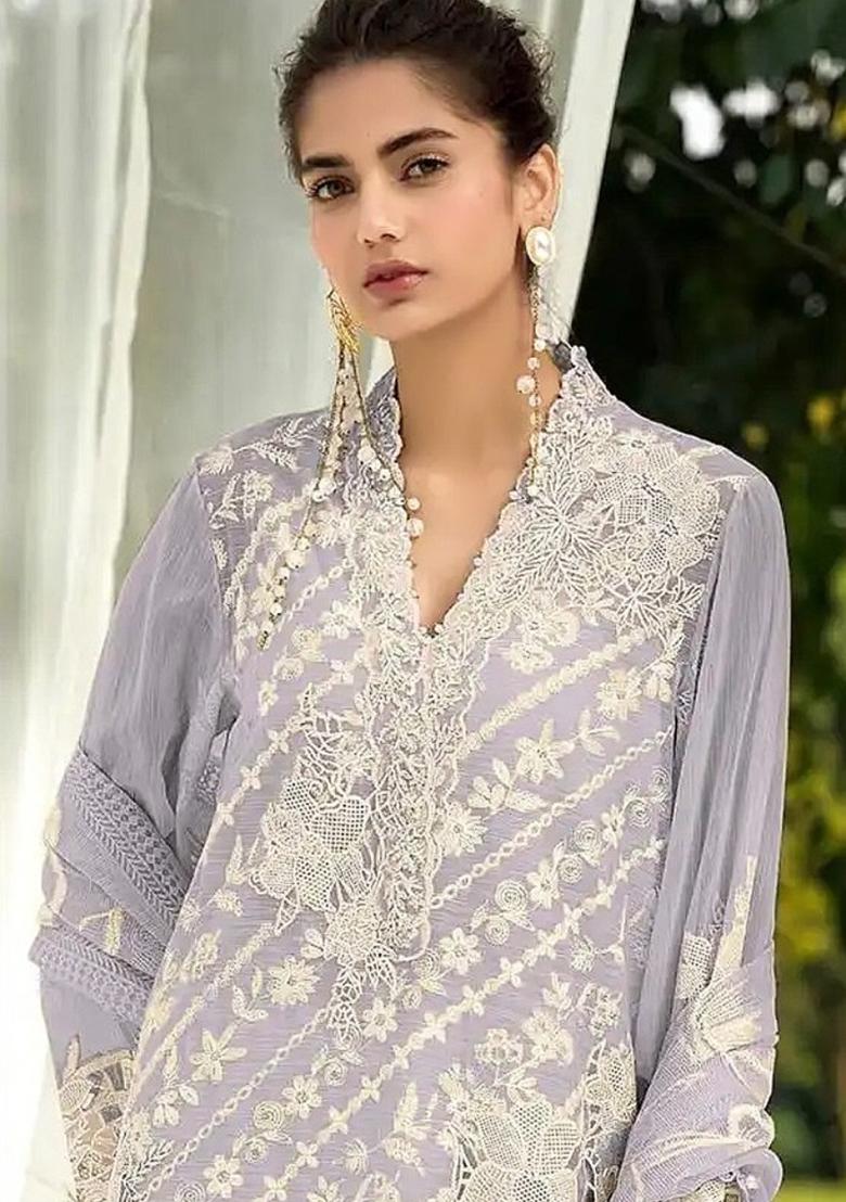 Lavender Embroidered Faux Georgette Suit - Indya