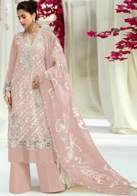 Peach Embroidered Faux Georgette Suit