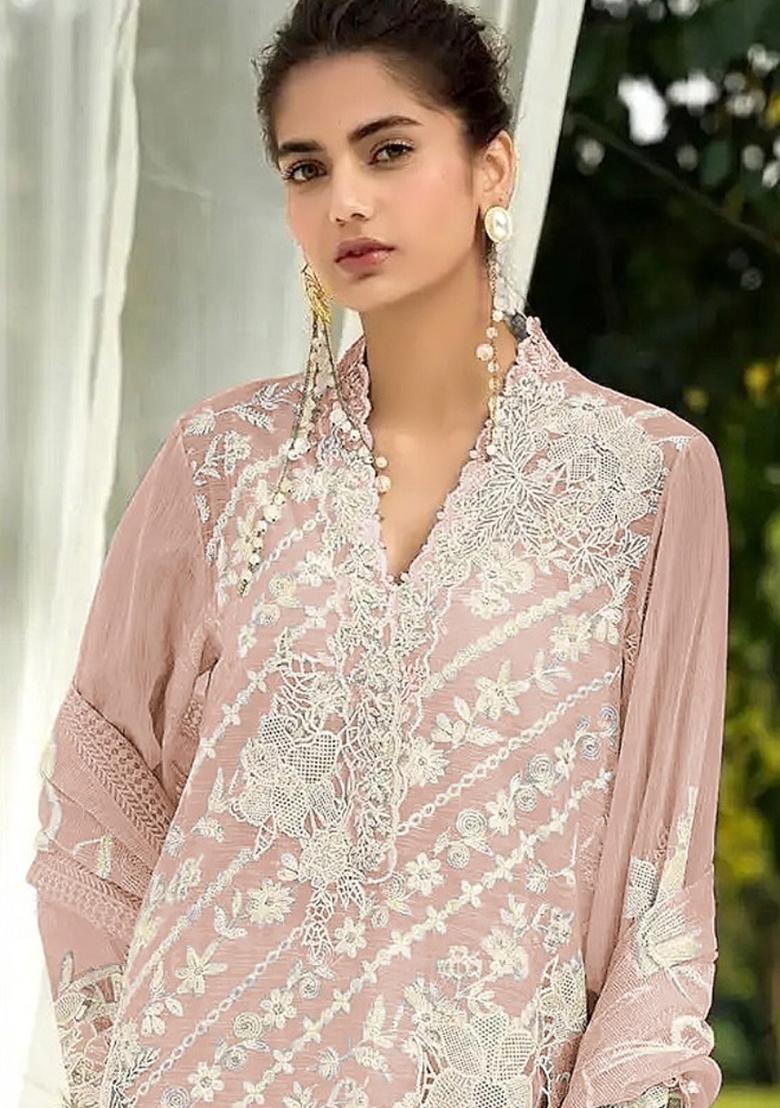 Peach Embroidered Faux Georgette Suit - Indya