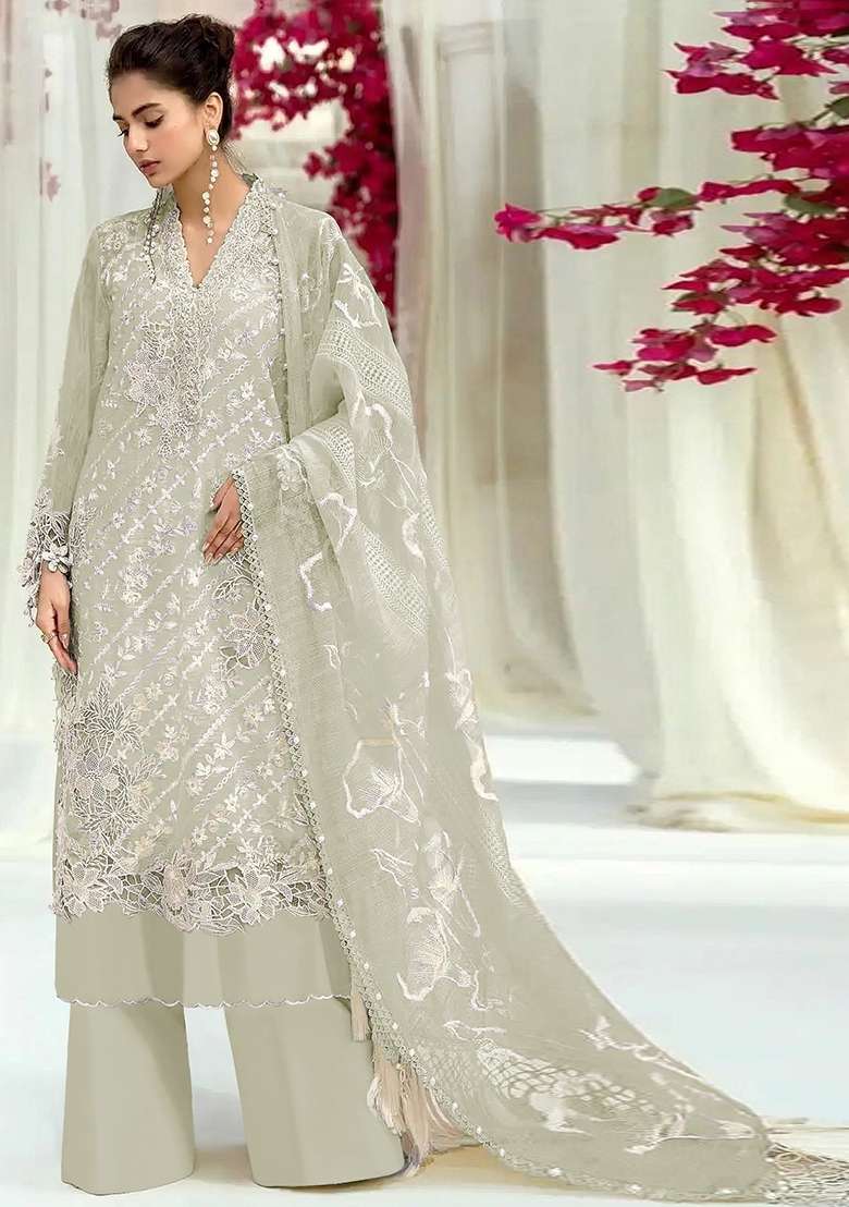 Sea Green Embroidered Faux Blooming Pakistani Suit Set - Indya