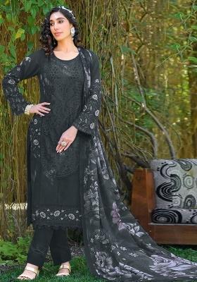 Black Embroidered Faux Georgette Suit