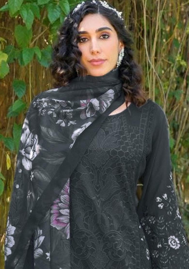 Black Embroidered Faux Georgette Suit - Indya