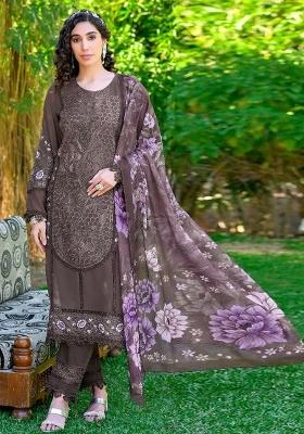 Brown Embroidered Faux Georgette Suit