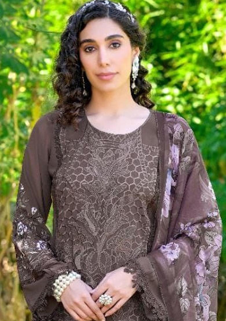 Brown Embroidered Faux Georgette Suit - Indya