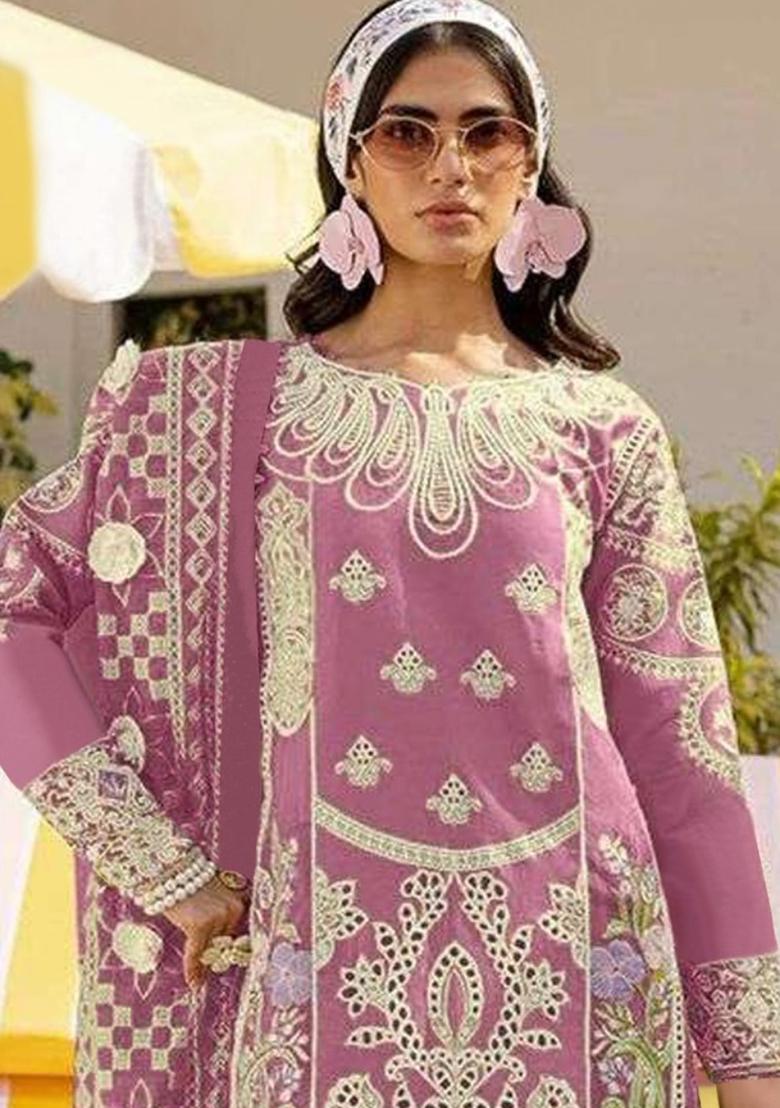Pink Embroidered Faux Georgette Suit - Indya